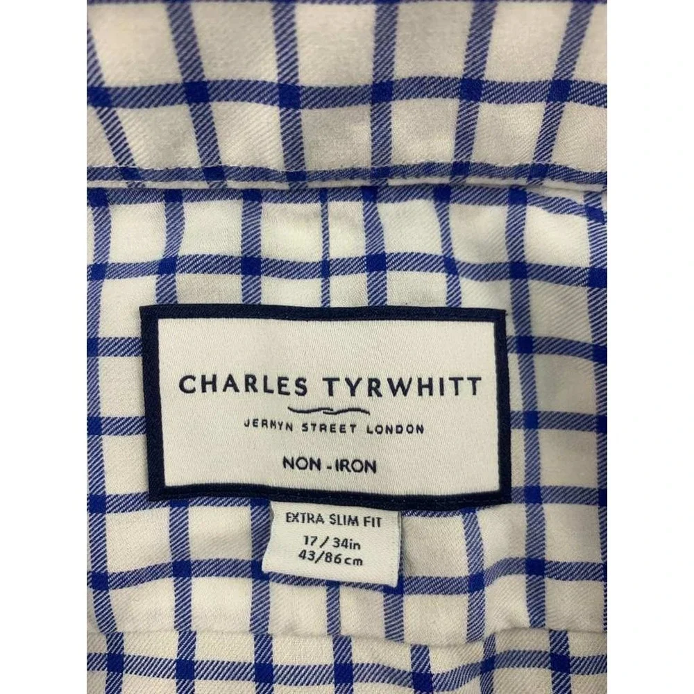 Charles Tyrwhitt Button Shirt Men 17/34 Blue‎ White Extra Slim Fit Check Cotton